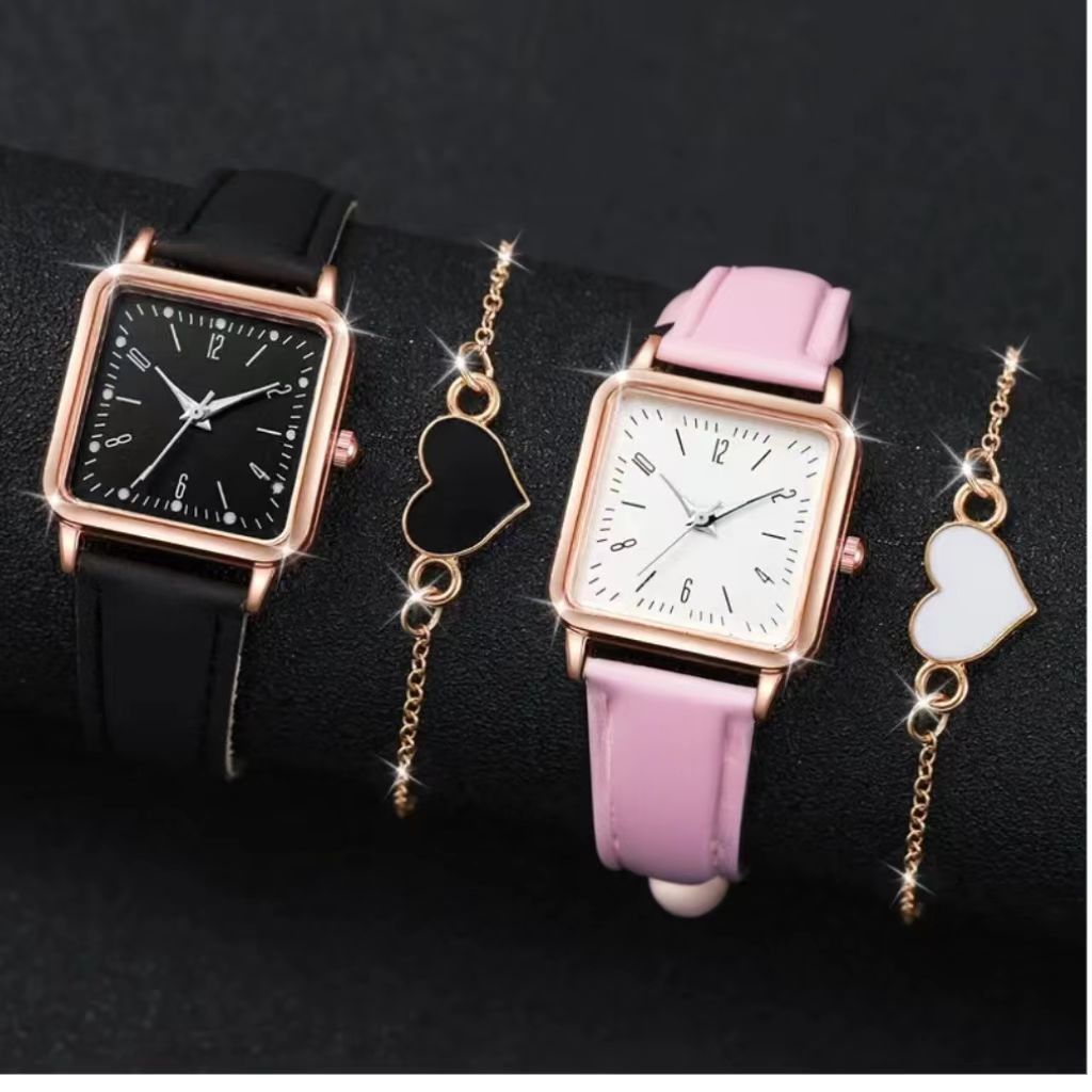 ZHJH 4pcs Couple Watch Couple Bracelet Couple Square Wristwatch Couple Love Bracelet Black and Pink Couple Quartz Watch