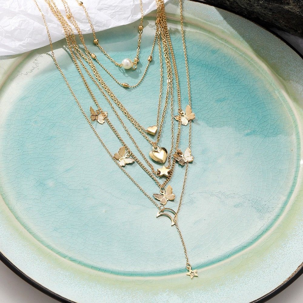 ZHJH 6PCS Pendant Necklaces Butterfly Fringe Pendant Folding Ncklace Simple Star Moon Love Pendant Collar Set Heart Jewelry