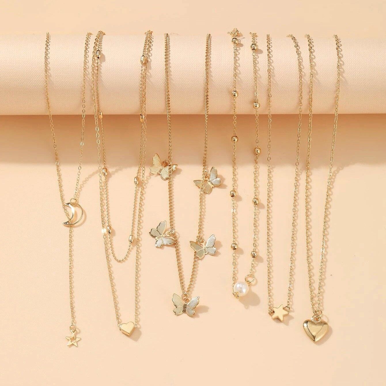 ZHJH 6PCS Pendant Necklaces Butterfly Fringe Pendant Folding Ncklace Simple Star Moon Love Pendant Collar Set Heart Jewelry