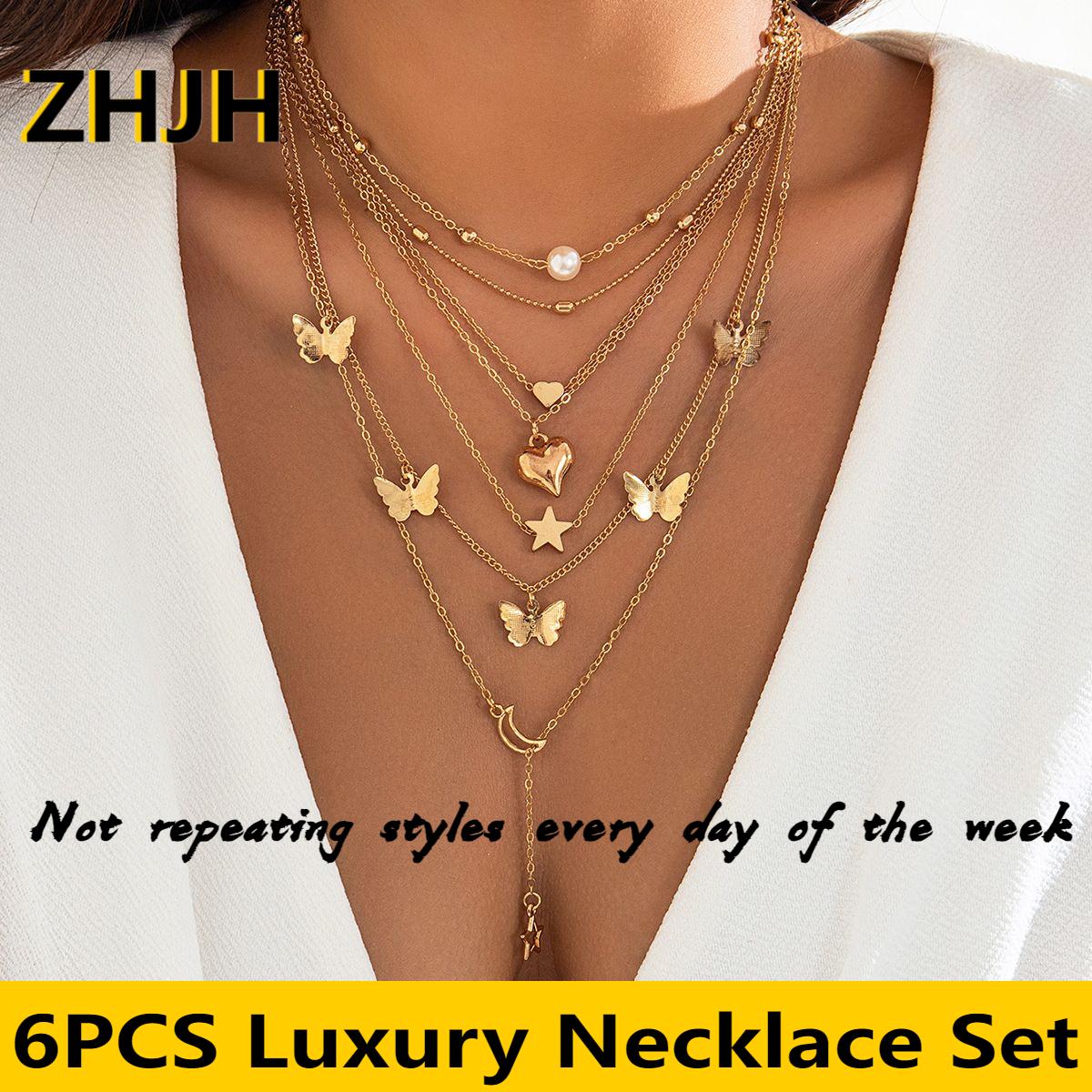 ZHJH 6PCS Pendant Necklaces Butterfly Fringe Pendant Folding Ncklace Simple Star Moon Love Pendant Collar Set Heart Jewelry