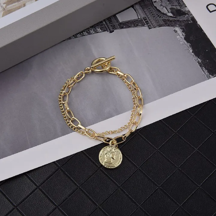ZHJH Gold Chunky Bracelet for Women Chunky Chain Link Bracelet Medallion Adjustable Toggle Clasp Bracelet Gold Silver Coin Link Charm Bracelet Punk Bracelet Jewelry Gift Teen Girl Women
