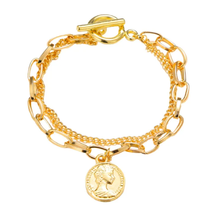 ZHJH Gold Chunky Bracelet for Women Chunky Chain Link Bracelet Medallion Adjustable Toggle Clasp Bracelet Gold Silver Coin Link Charm Bracelet Punk Bracelet Jewelry Gift Teen Girl Women