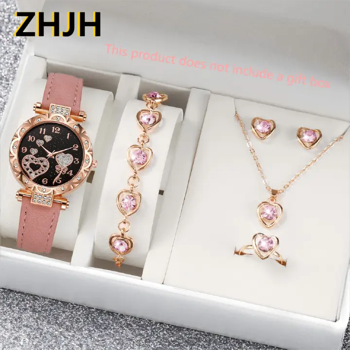 6PCS Ladies Watch Jewelry Set Watch Ring Necklace Earrings Bracelet Set Pink Crystal Waterproof Watch Set Wristwatch Ladies' Love Dial Quartz Watch Can Be Used As Romantic Gift Or Prop Shooting