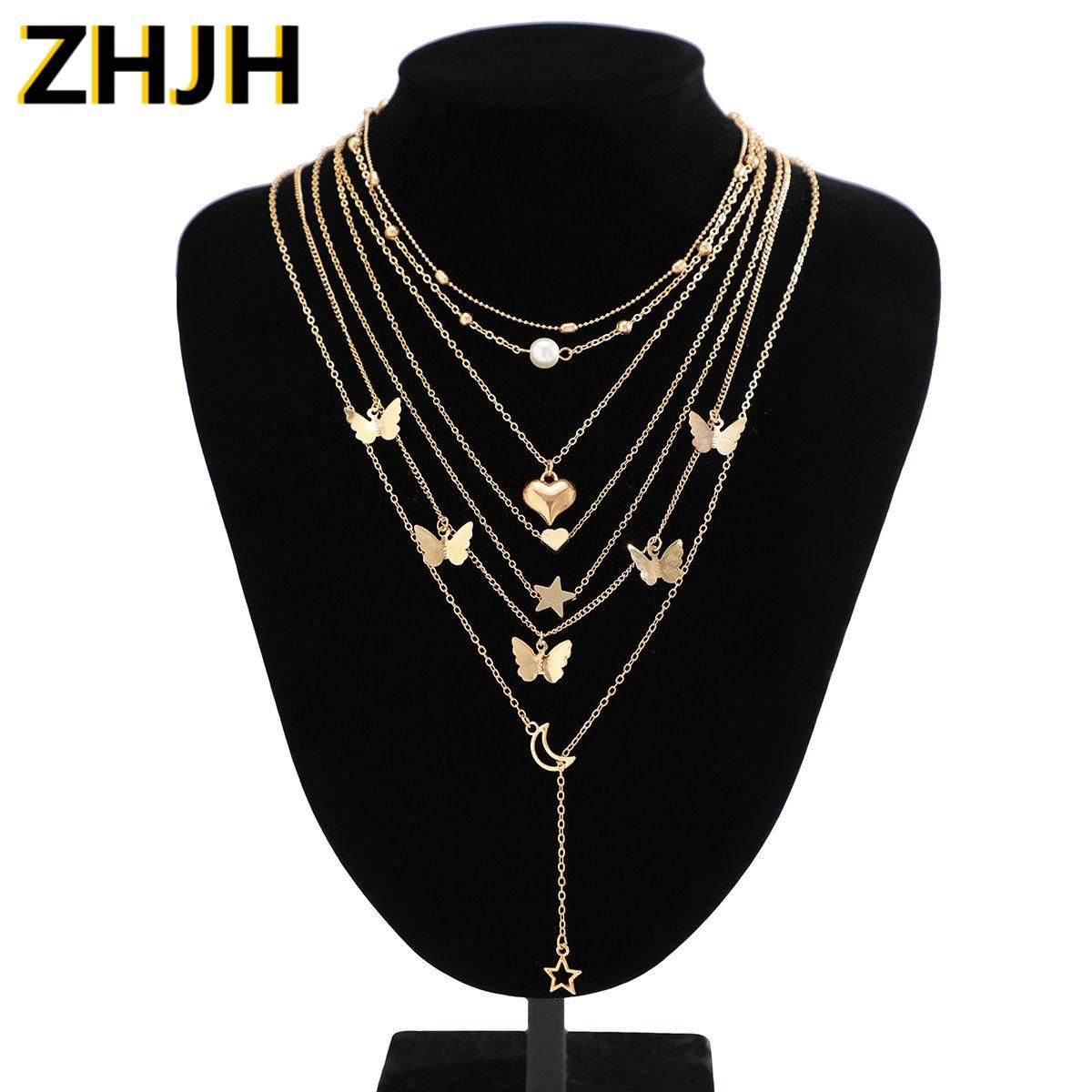 ZHJH 6PCS Pendant Necklaces Butterfly Fringe Pendant Folding Ncklace Simple Star Moon Love Pendant Collar Set Heart Jewelry