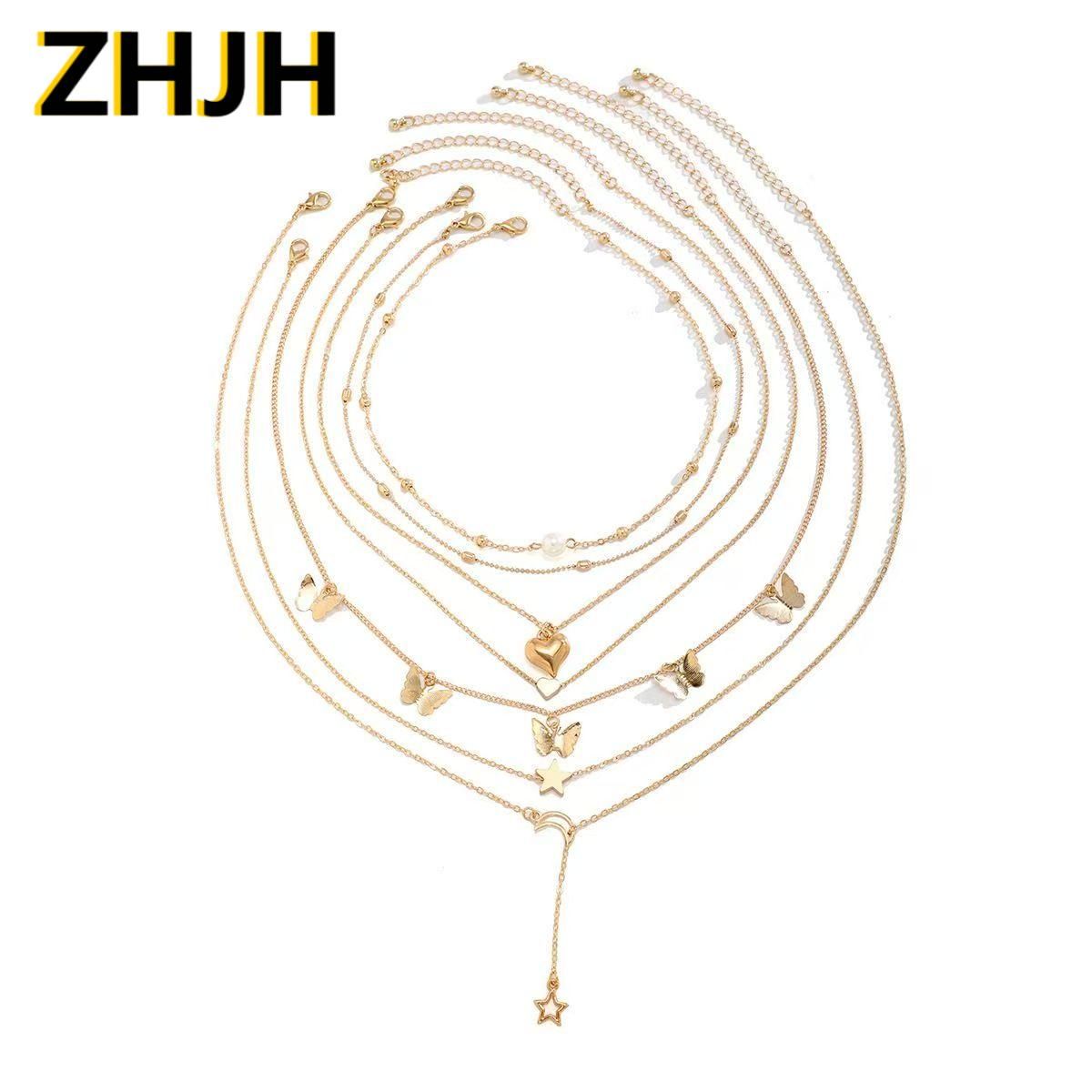 ZHJH 6PCS Pendant Necklaces Butterfly Fringe Pendant Folding Ncklace Simple Star Moon Love Pendant Collar Set Heart Jewelry