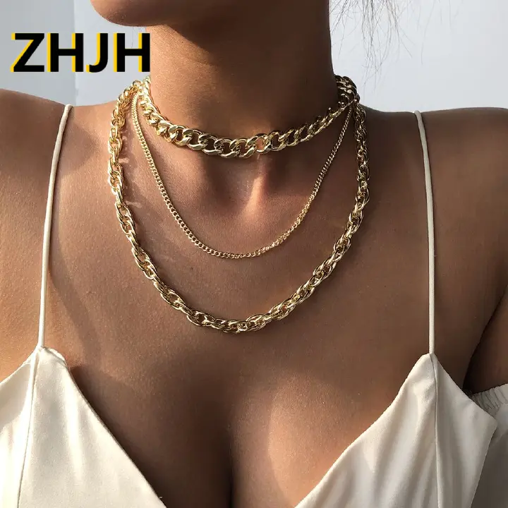 ZHJH 3Pcs Women's Necklace 3-layer Fashion Multi layer Metal Necklace Clavicle Chain Women's Jewelry