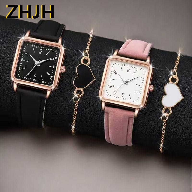 ZHJH 4pcs set Couple Watch Bracelet for Couple women's watches High Quality Fashion beautiful minimalist square PU leather strap good friend gift As shown in the figure