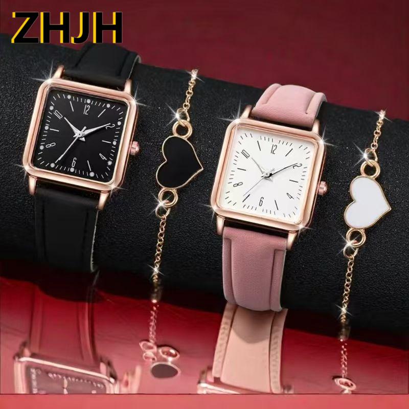 ZHJH 4pcs Couple Watch Couple Bracelet Couple Square Wristwatch Couple Love Bracelet Black and Pink Couple Quartz Watch
