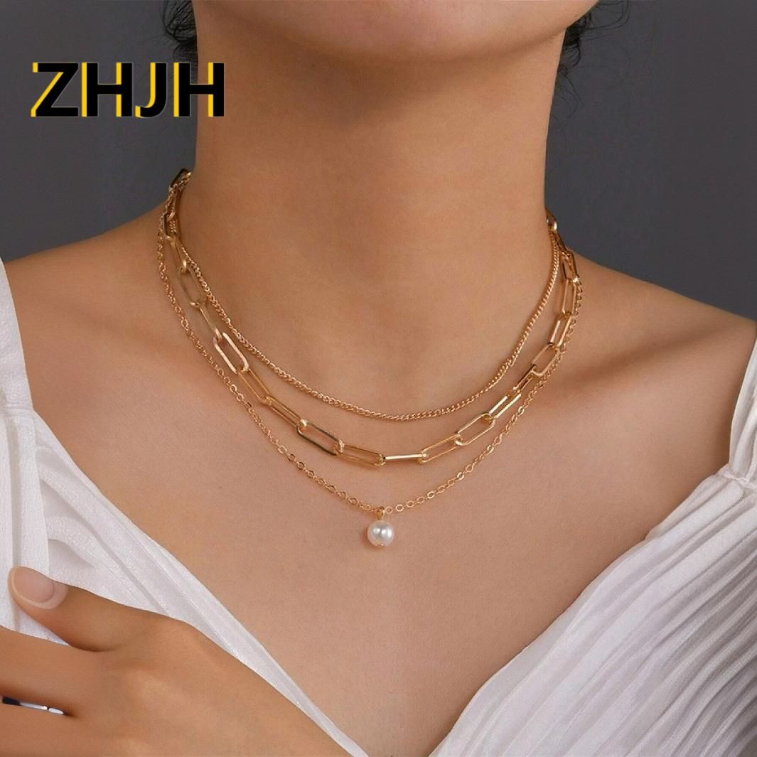 ZHJH 3-layer Women's Necklace Pearl Pendant Necklace Ring Necklace Women's Collarbone Chain Gold Women's Necklace