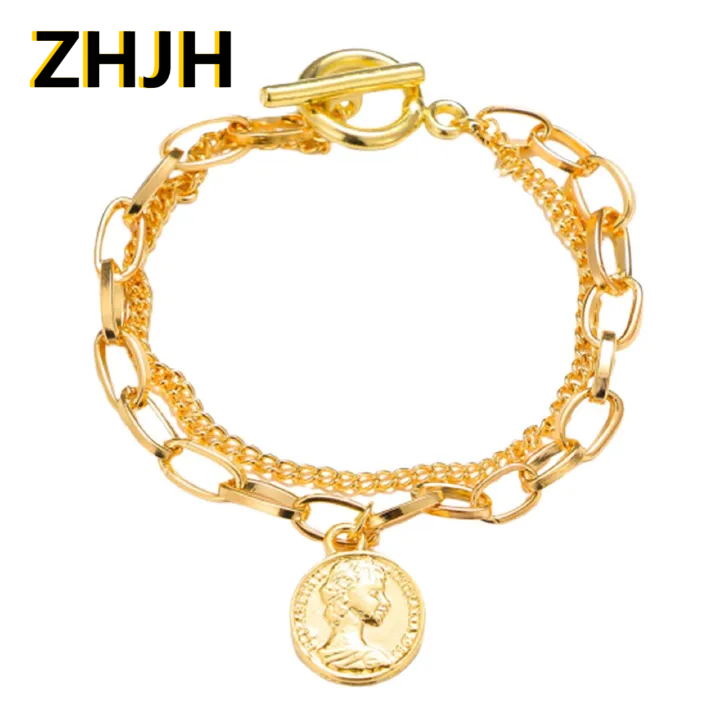 ZHJH Gold Chunky Bracelet for Women Chunky Chain Link Bracelet Medallion Adjustable Toggle Clasp Bracelet Gold Silver Coin Link Charm Bracelet Punk Bracelet Jewelry Gift Teen Girl Women