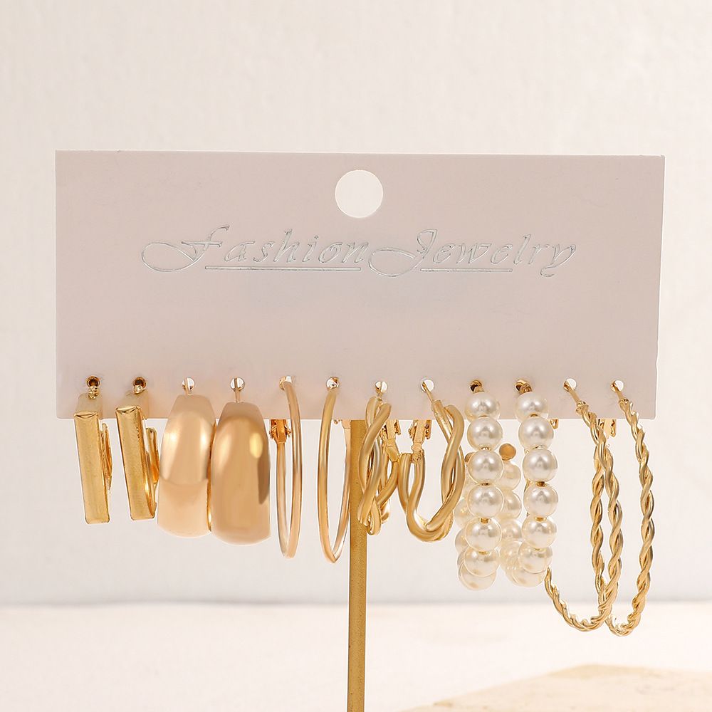 ZHJH Gold Earring Set Fashion Thick Gold Earrings Twisted Ring Earrings European and American Women Metal Earrings Set of High-level Sense of Geometric square Earrings Combination Earrings