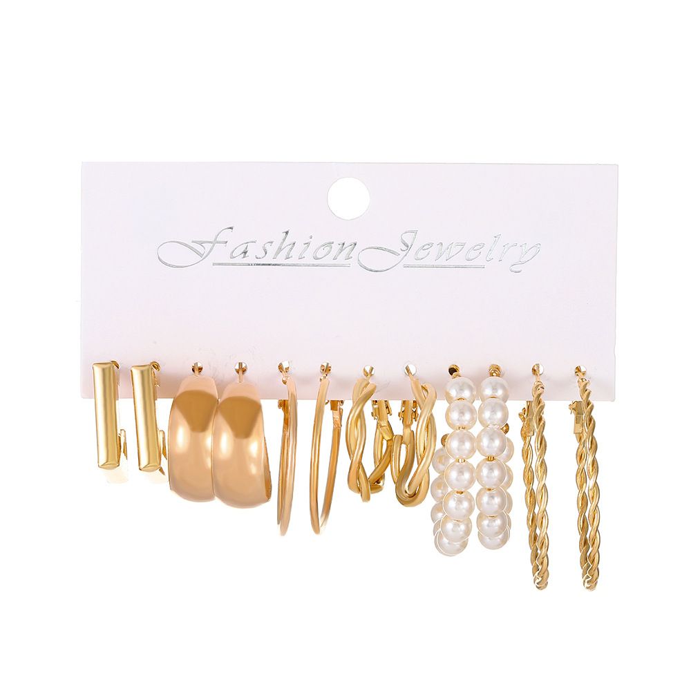ZHJH Gold Earring Set Fashion Thick Gold Earrings Twisted Ring Earrings European and American Women Metal Earrings Set of High-level Sense of Geometric square Earrings Combination Earrings