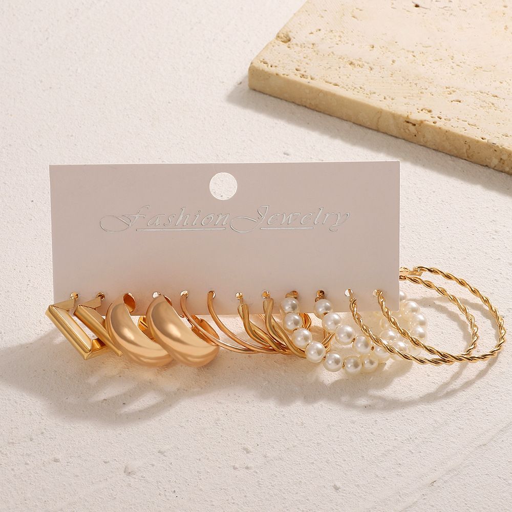 ZHJH Gold Earring Set Fashion Thick Gold Earrings Twisted Ring Earrings European and American Women Metal Earrings Set of High-level Sense of Geometric square Earrings Combination Earrings