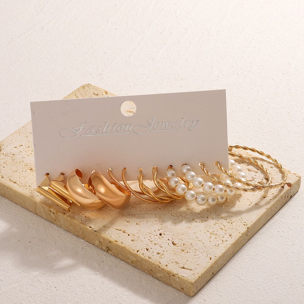ZHJH Gold Earring Set Fashion Thick Gold Earrings Twisted Ring Earrings European and American Women Metal Earrings Set of High-level Sense of Geometric square Earrings Combination Earrings