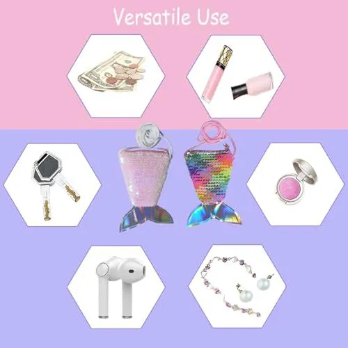 ZHJH 4PCS Girl's Bags Jewelry Set Necklace Set Sequin style Mermaid Fish Tail Glitter Coin Wallet Necklace Pearl Bracelet Ring Kids Messenger Bag Children Girls Crossbody Bags  Holiday Travel Street
