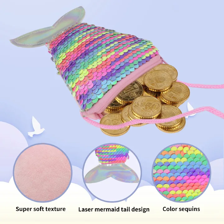 ZHJH 4PCS Girl's Bags Jewelry Set Necklace Set Sequin style Mermaid Fish Tail Glitter Coin Wallet Necklace Pearl Bracelet Ring Kids Messenger Bag Children Girls Crossbody Bags  Holiday Travel Street