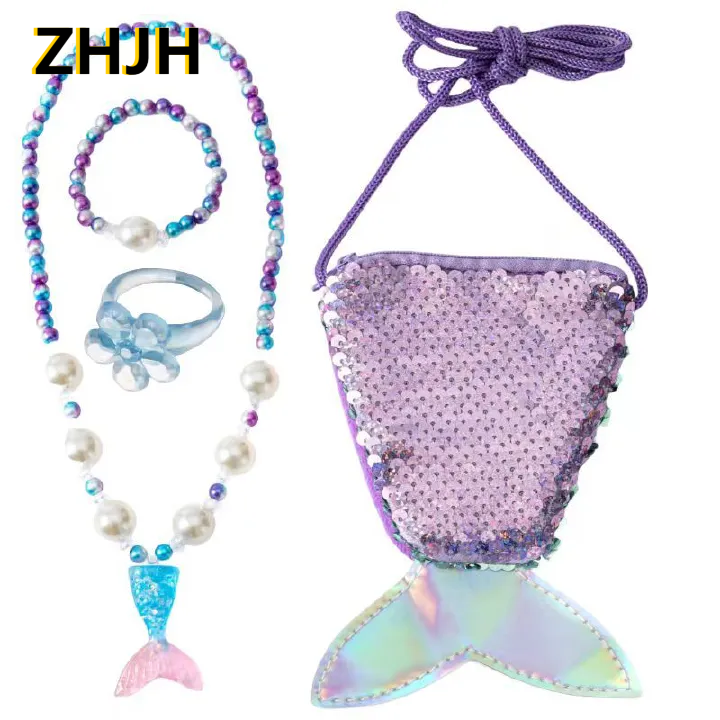 ZHJH 4PCS Girl's Bags Jewelry Set Necklace Set Sequin style Mermaid Fish Tail Glitter Coin Wallet Necklace Pearl Bracelet Ring Kids Messenger Bag Children Girls Crossbody Bags  Holiday Travel Street