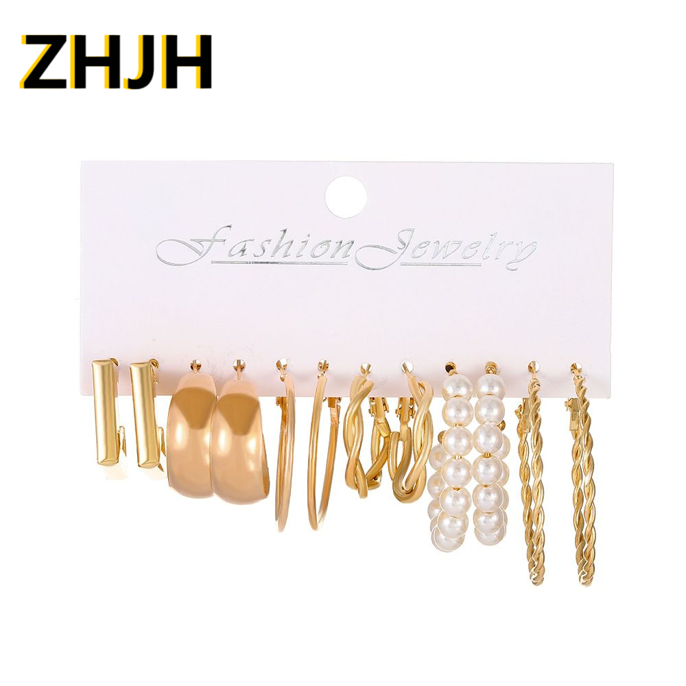 ZHJH Gold Earring Set Fashion Thick Gold Earrings Twisted Ring Earrings European and American Women Metal Earrings Set of High-level Sense of Geometric square Earrings Combination Earrings