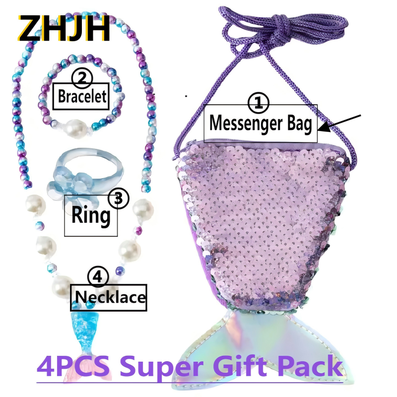 ZHJH 4PCS Girl's Bags Jewelry Set Necklace Set Sequin style Mermaid Fish Tail Glitter Coin Wallet Necklace Pearl Bracelet Ring Kids Messenger Bag Children Girls Crossbody Bags  Holiday Travel Street