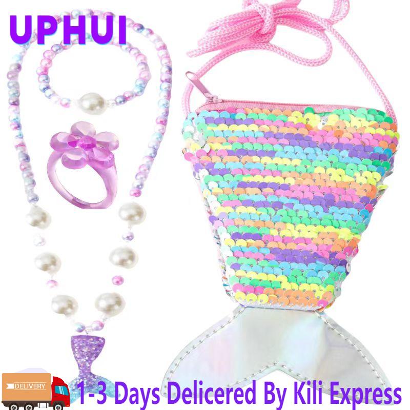 ZHJH 4PCS Girl's Bags Jewelry Set Necklace Set Sequin style Mermaid Fish Tail Glitter Coin Wallet Necklace Pearl Bracelet Ring Kids Messenger Bag Children Girls Crossbody Bags  Holiday Travel Street