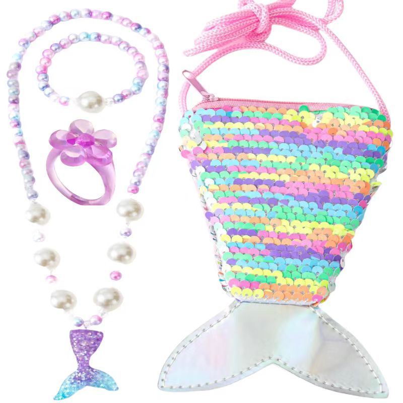 ZHJH 4PCS Girl's Bags Jewelry Set Necklace Set Sequin style Mermaid Fish Tail Glitter Coin Wallet Necklace Pearl Bracelet Ring Kids Messenger Bag Children Girls Crossbody Bags  Holiday Travel Street