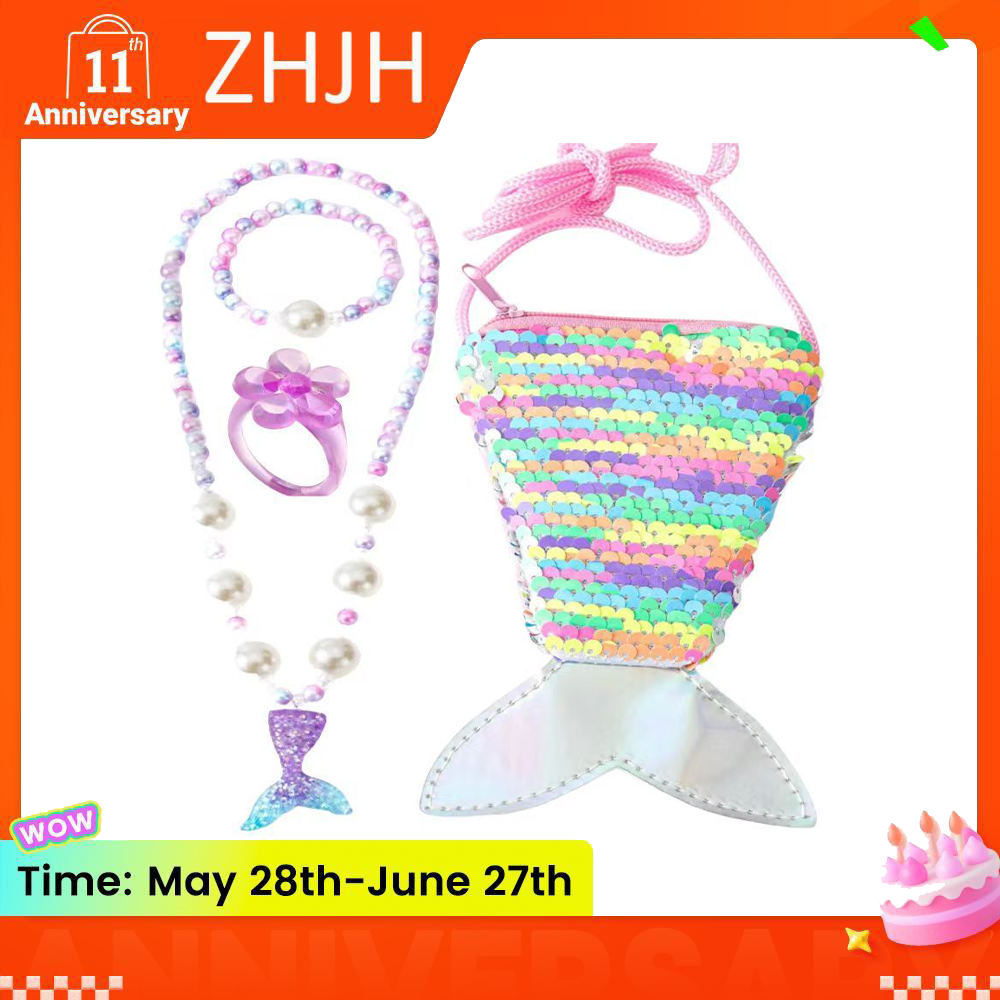 ZHJH 4PCS Girl's Bags Jewelry Set Necklace Set Sequin style Mermaid Fish Tail Glitter Coin Wallet Necklace Pearl Bracelet Ring Kids Messenger Bag Children Girls Crossbody Bags  Holiday Travel Street