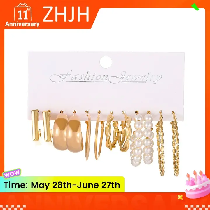 ZHJH Gold Earring Set Fashion Thick Gold Earrings Twisted Ring Earrings European and American Women Metal Earrings Set of High-level Sense of Geometric square Earrings Combination Earrings