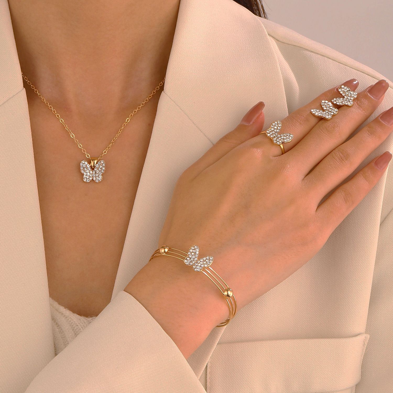 ZHJH Butterfly Jewelry Set for Women Ladies Diamond Love Heart Necklace Ring Bracelet Suit