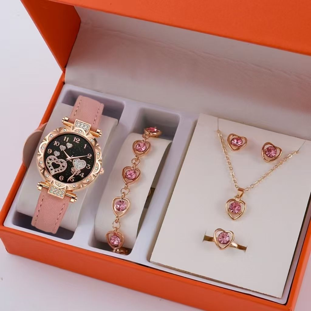 ZHJH 6PCS Ladies Watch Jewelry Set Watch Ring Necklace Earrings Bracelet Set Pink Crystal Waterproof Watch Set Pink Wristwatch Ladies' Love Dial Quartz Watch