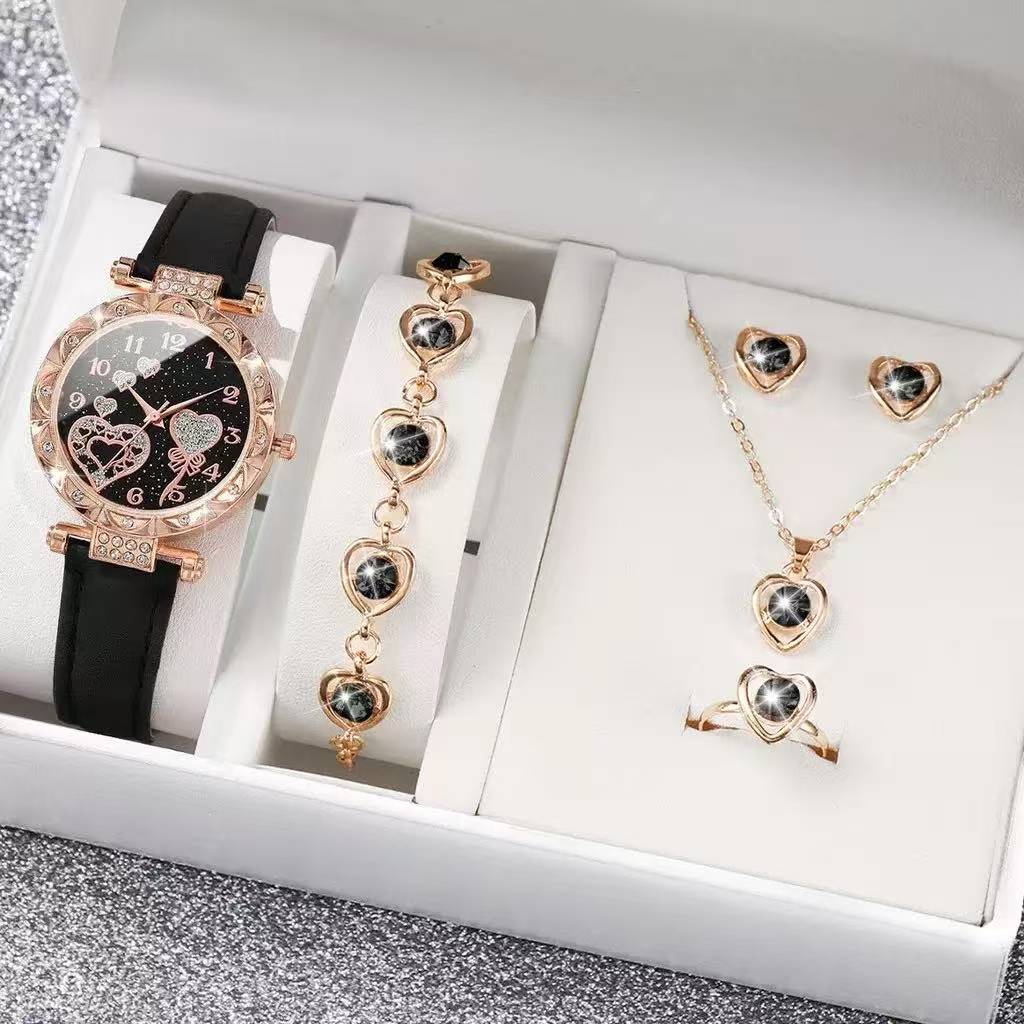 ZHJH 6PCS Ladies Watch Jewelry Set Watch Ring Necklace Earrings Bracelet Set Pink Crystal Waterproof Watch Set Pink Wristwatch Ladies' Love Dial Quartz Watch