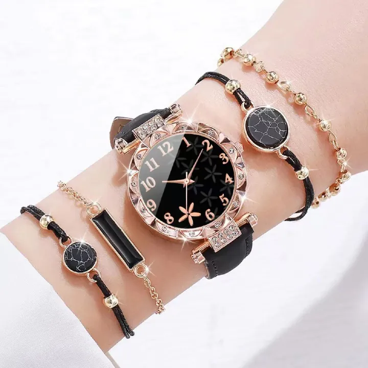 ZHJH 5Pcs Women's Watch Bracelet Set Women's Jewelry Set Women's Flower Belt Watch Women's Wristwatch Black