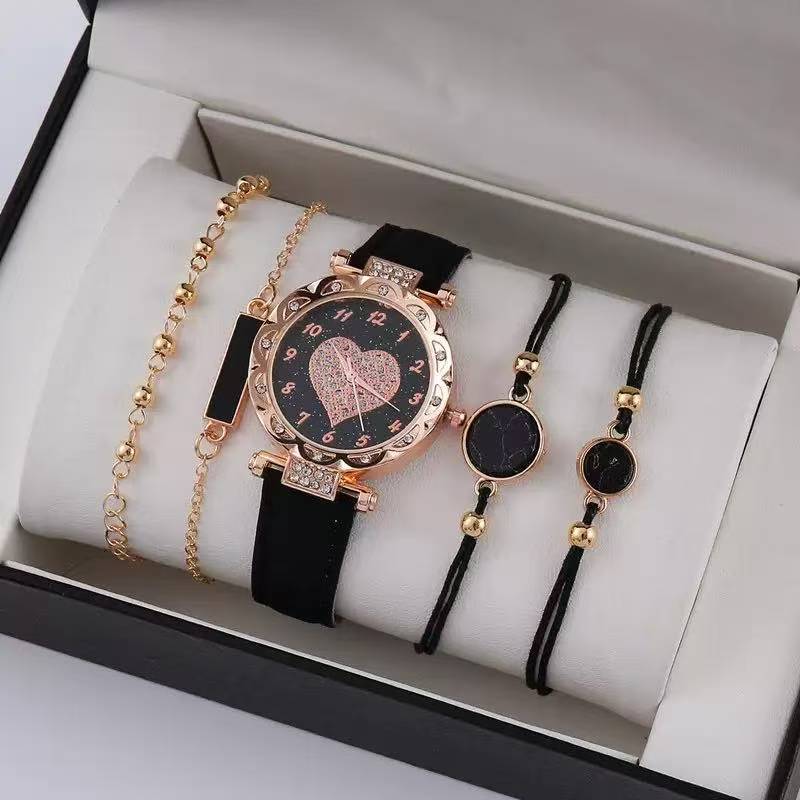 ZHJH 5Pcs Women's Watch Bracelet Set Women's Jewelry Set Women's Flower Belt Watch Women's Wristwatch Black