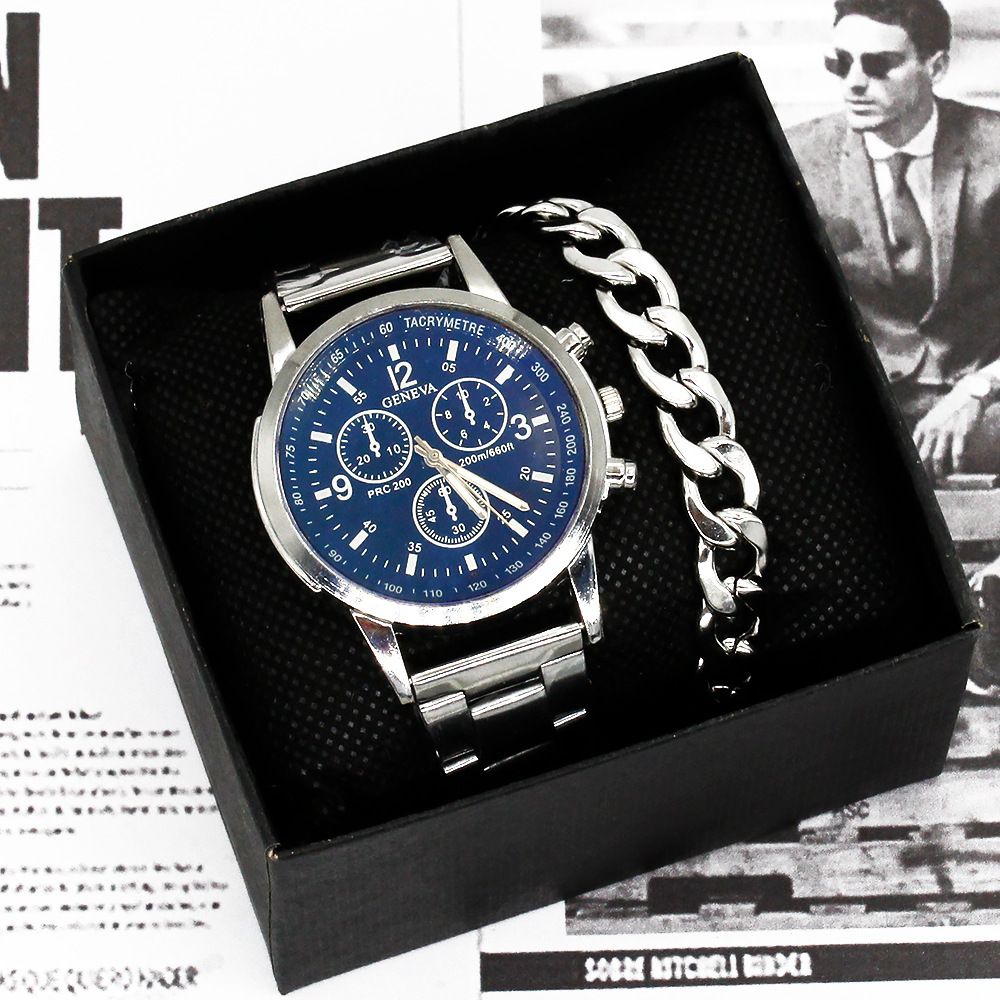 ZHJH Men's Large Dial Watch Metal Bracelet Set Men's Metal Strap Wristwatch Men's Quartz Watch Silver Watch Set