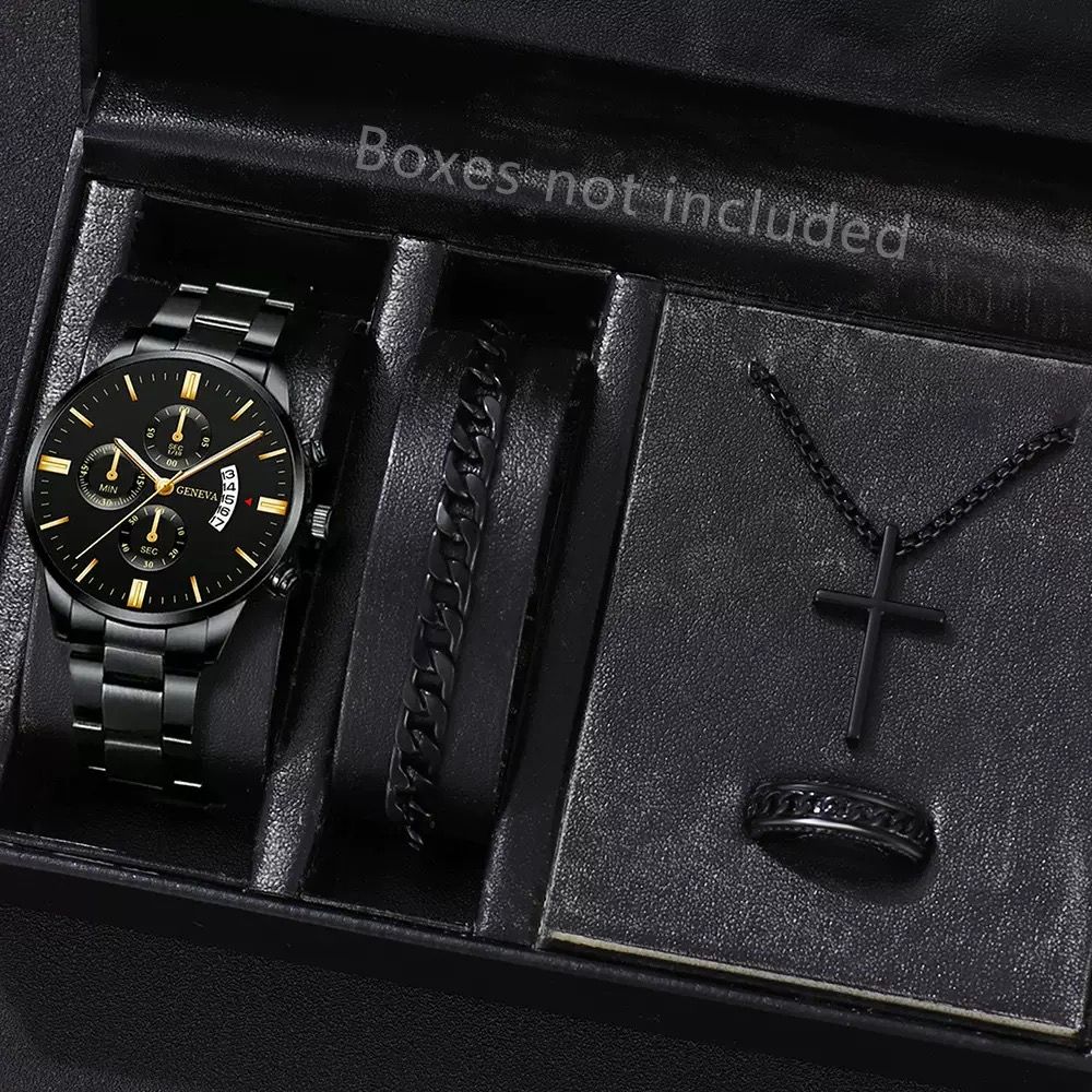 4PCS Men's Watch Set ExquisiteTitanium Steel Thickened Chain Set Cuban Bracelet Snake Bone Necklace Ring Steel Belt Three Eye Quartz Watch Calendar Not Easy to Fade Daily Wear Leisure Watch