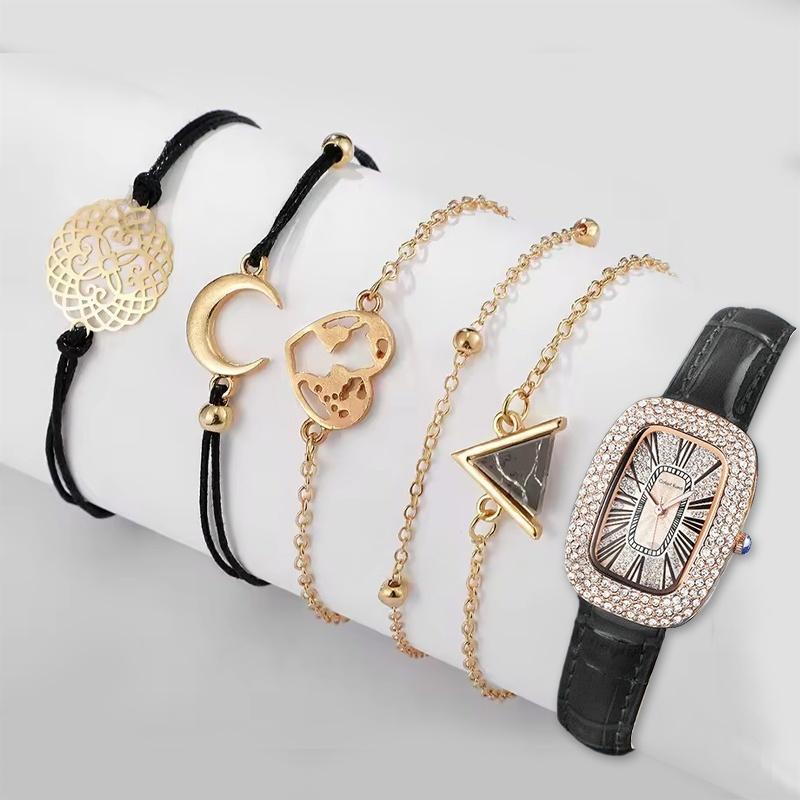 6PCS Women Watch Set Full Diamond Leather Strap Square Watch Women's Watches Luxury Timetable Quartz Fashion Watch Female Wrist Wstch Clock