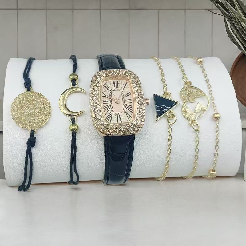 6PCS Women Watch Set Full Diamond Leather Strap Square Watch Women's Watches Luxury Timetable Quartz Fashion Watch Female Wrist Wstch Clock