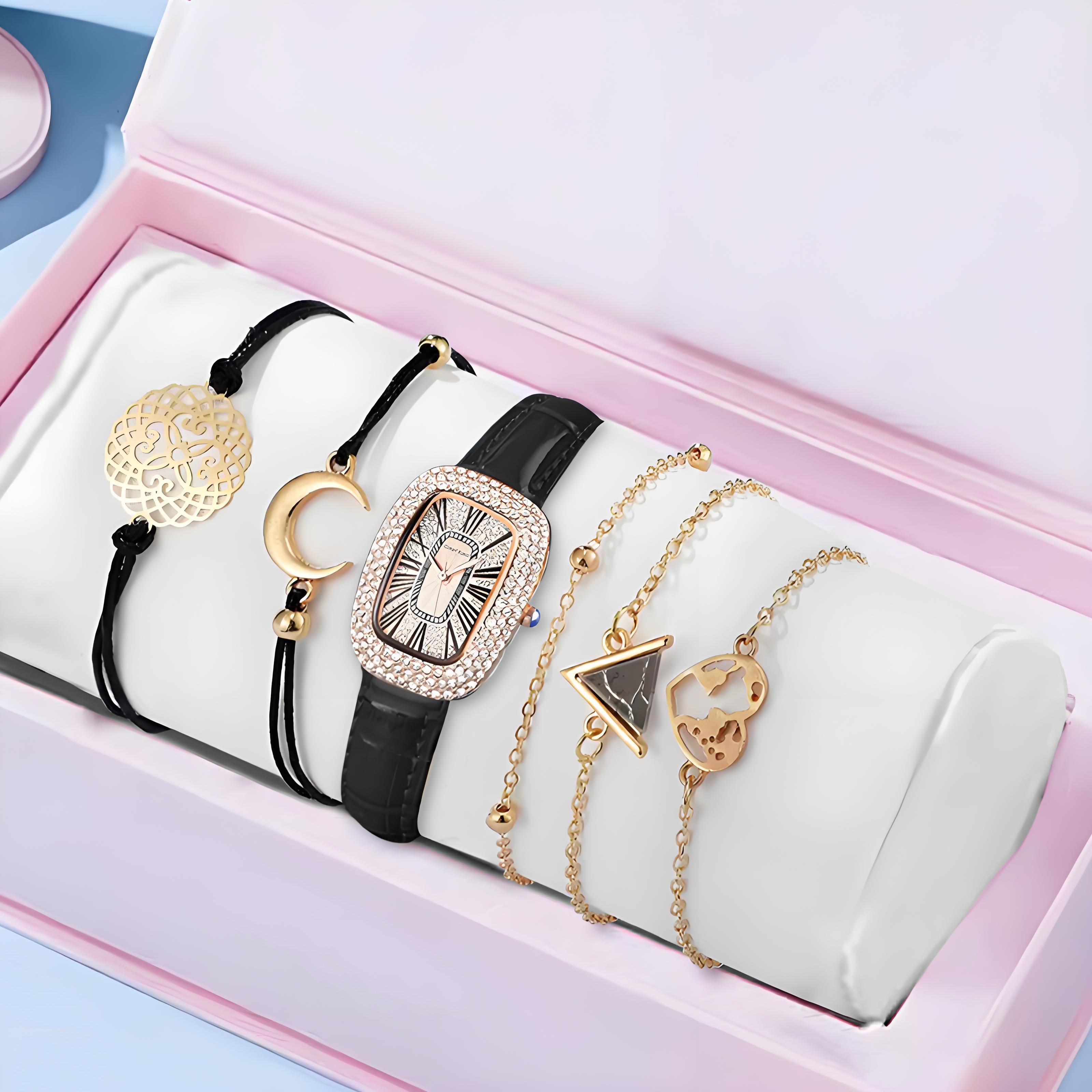 6PCS Women Watch Set Full Diamond Leather Strap Square Watch Women's Watches Luxury Timetable Quartz Fashion Watch Female Wrist Wstch Clock