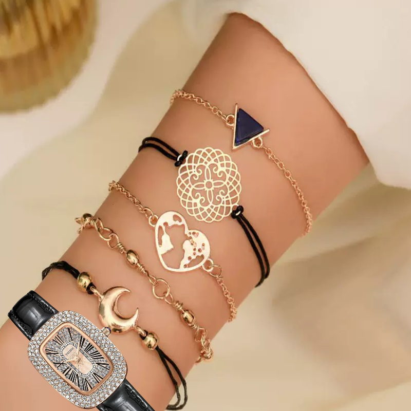 6PCS Women Watch Set Full Diamond Leather Strap Square Watch Women's Watches Luxury Timetable Quartz Fashion Watch Female Wrist Wstch Clock