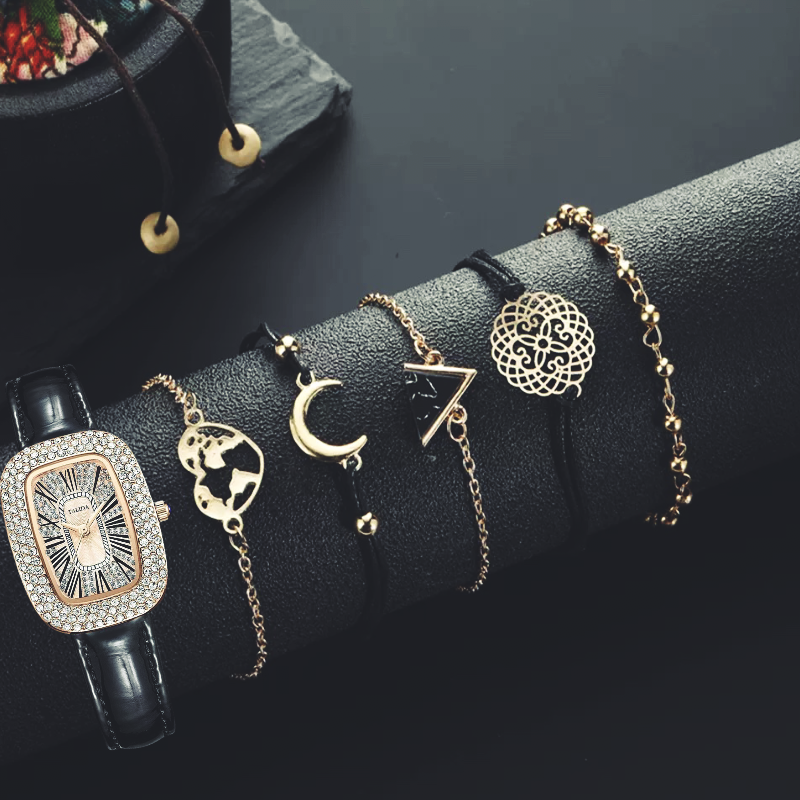 6PCS Women Watch Set Full Diamond Leather Strap Square Watch Women's Watches Luxury Timetable Quartz Fashion Watch Female Wrist Wstch Clock