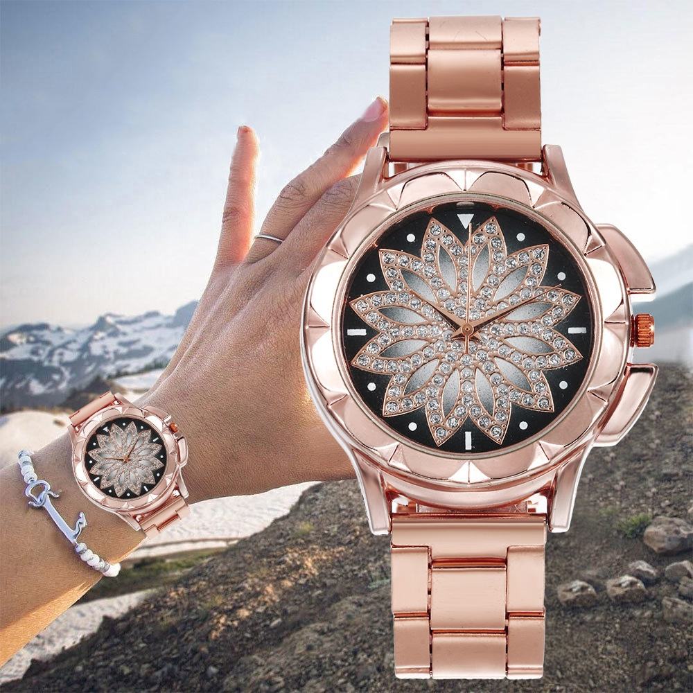 ZHJH Women's Watch Steel Strap Lotus Diamond Watch Luxury Business Watch Alloy Women's Watch Rose Gold Watch