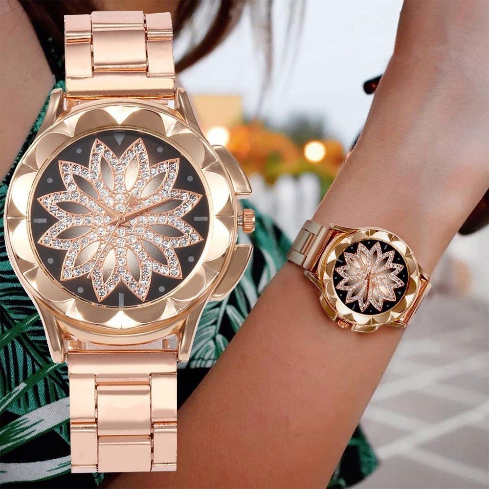ZHJH Women's Watch Steel Strap Lotus Diamond Watch Luxury Business Watch Alloy Women's Watch Rose Gold Watch