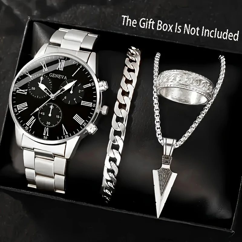 4PCS Men's Watch Set With Jewelry Steel Belt Cuban Bracelet Snake Bone Necklace Ring Steel Belt Men's Three Eye Quartz Watch Triangle Pendant Jewelry Set For Daily Wear Or As A Gift For Friends