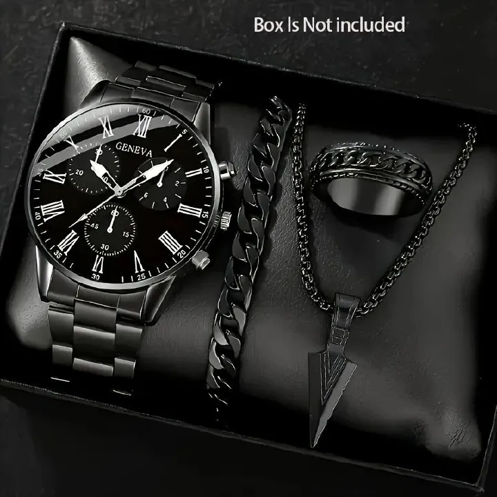 4 In 1 Men's Watch Set And Jewelry Set Steel Belt Cuban Bracelet Snake Bone Necklace Ring Steel Belt Men's Three Eye Quartz Watch Triangle Pendant Jewelry Set For Daily Wear Or As A Gift For Friends