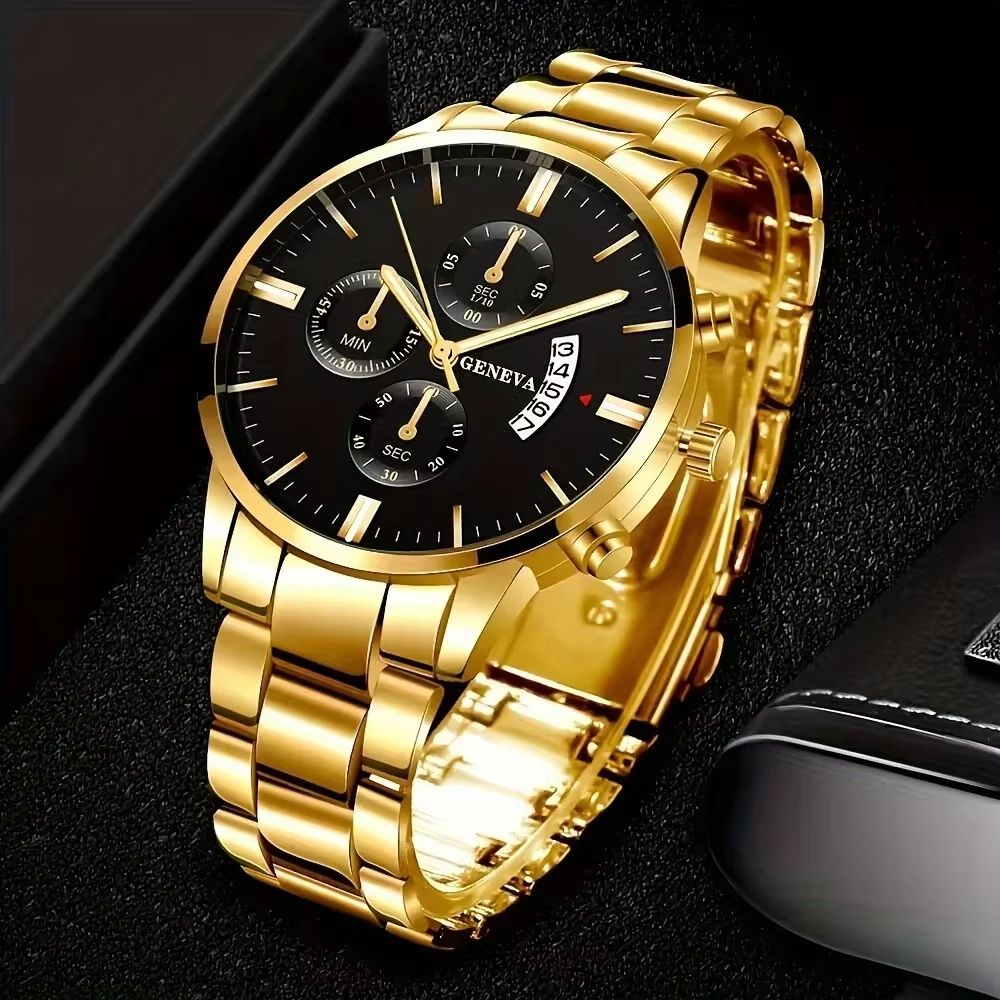 4PCS Men's Watch Set ExquisiteTitanium Steel Thickened Chain Set Cuban Bracelet Snake Bone Necklace Ring Steel Belt Three Eye Quartz Watch Calendar Not Easy to Fade Daily Wear Leisure Watch