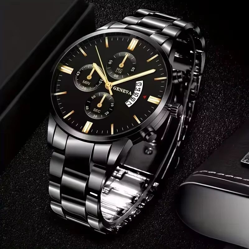 4PCS Men's Watch Set ExquisiteTitanium Steel Thickened Chain Set Cuban Bracelet Snake Bone Necklace Ring Steel Belt Three Eye Quartz Watch Calendar Not Easy to Fade Daily Wear Leisure Watch