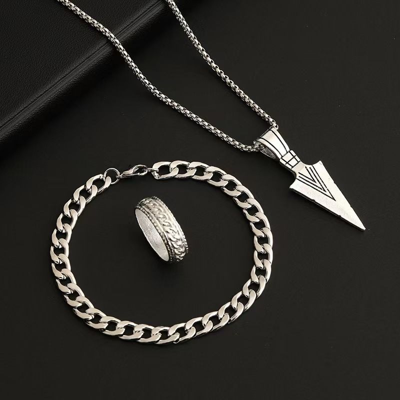 4PCS Men's Watch Set With Jewelry Steel Belt Cuban Bracelet Snake Bone Necklace Ring Steel Belt Men's Three Eye Quartz Watch Triangle Pendant Jewelry Set For Daily Wear Or As A Gift For Friends