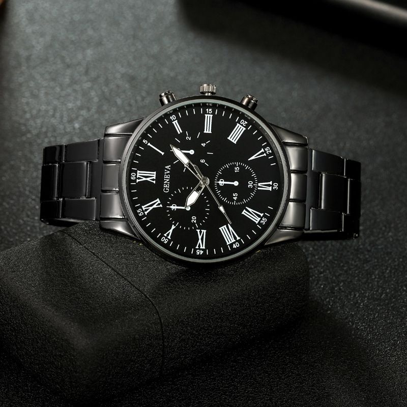 4PCS Men's Watch Set With Jewelry Steel Belt Cuban Bracelet Snake Bone Necklace Ring Steel Belt Men's Three Eye Quartz Watch Triangle Pendant Jewelry Set For Daily Wear Or As A Gift For Friends