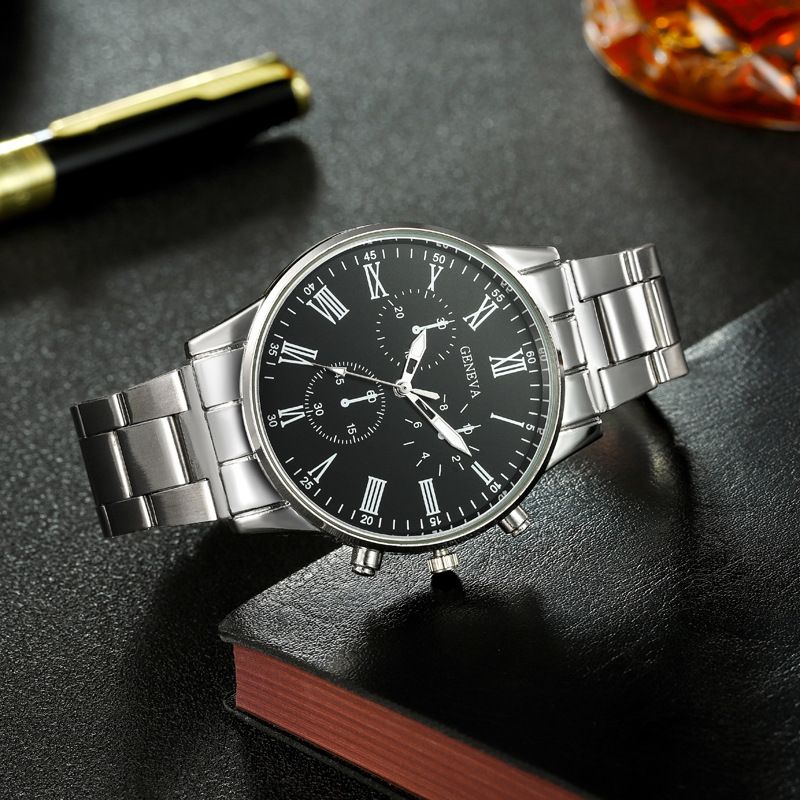 4PCS Men's Watch Set With Jewelry Steel Belt Cuban Bracelet Snake Bone Necklace Ring Steel Belt Men's Three Eye Quartz Watch Triangle Pendant Jewelry Set For Daily Wear Or As A Gift For Friends