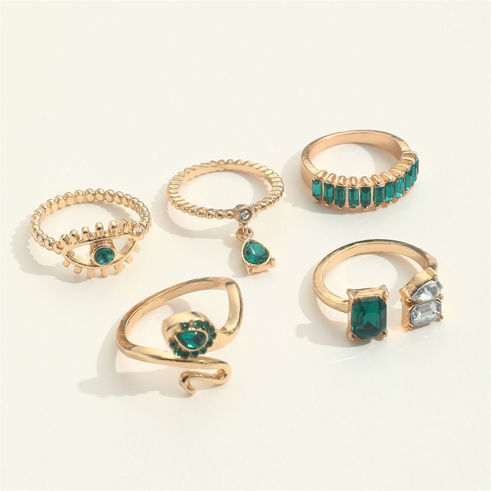 ZHJH 5PCS Rings Set Retro Imitation Gemstone Diamond Serpentine Water Drop Pendant Ring Creative Fashion Joint Ring Alloy Personalized Chain Open Ring Full Diamond Adjustable Any Size