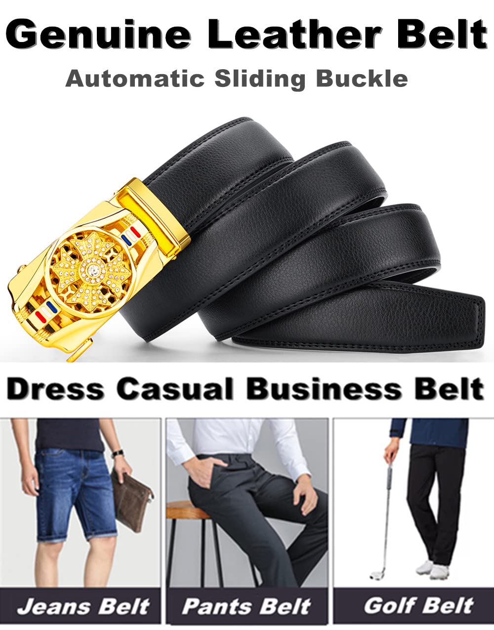 ZHJH Men's Belt Automatic Ratchet Buckle PU Leather Toothless High Quality Belt Leather Buckle Casual Business Jeans Belt Wide Belt Men's Fashion Accessories